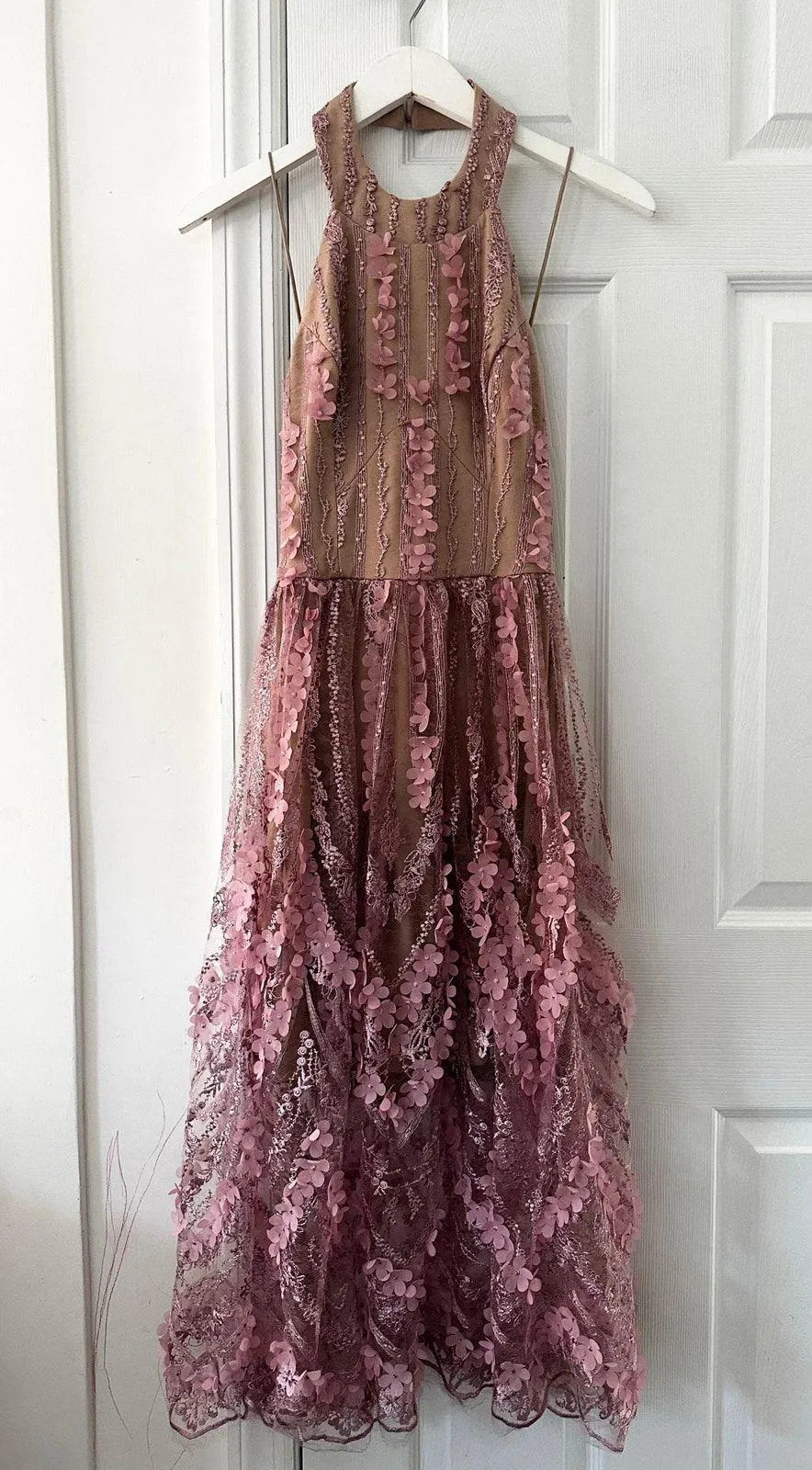 Dress the Population Valerie Pink Nude Floral Applique Halter Midi Dress XS - Image 2