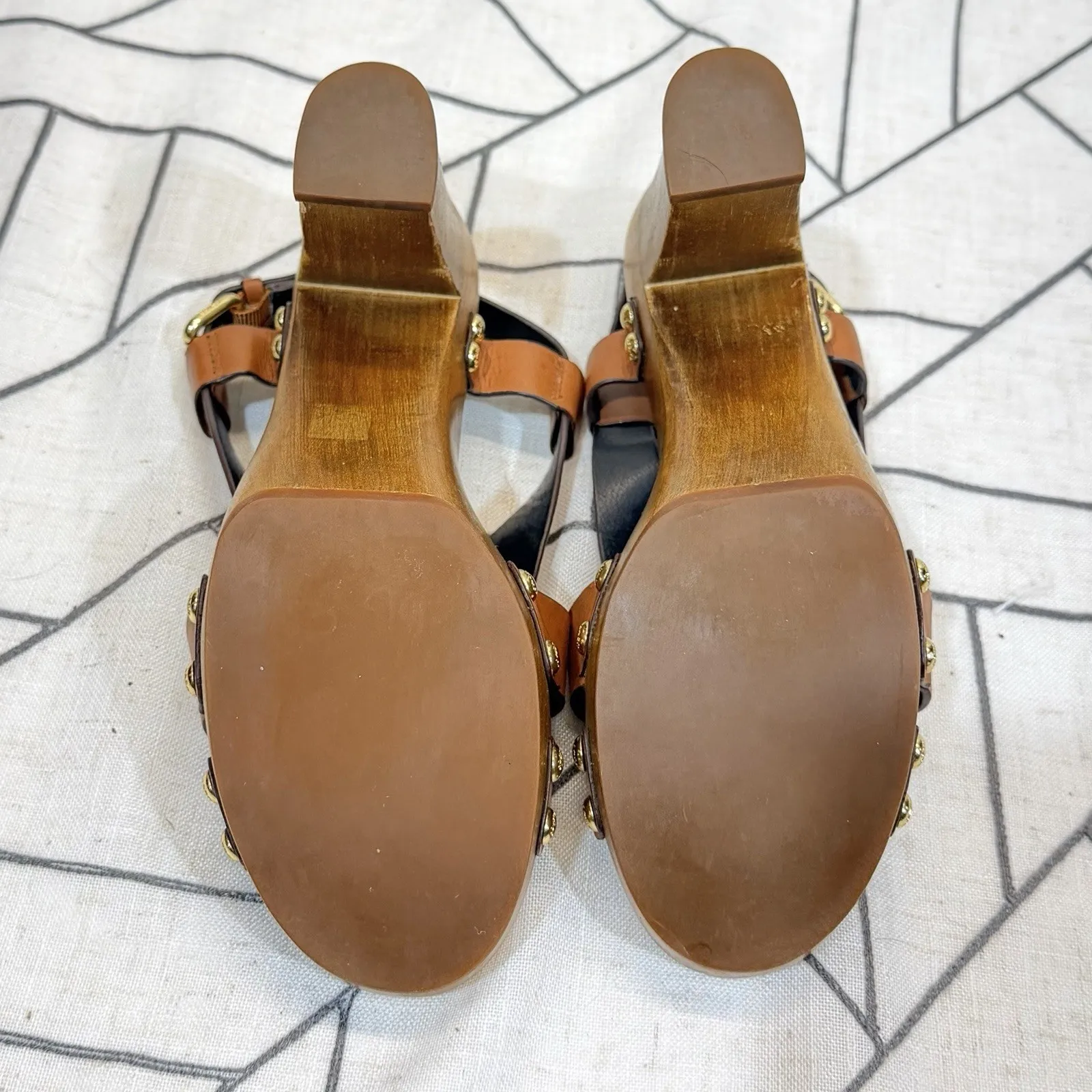 Coach Adessa Sz 7M Womens Studded Wood Clog Sandals Brown Leather 70s 80s Vibe - Image 10