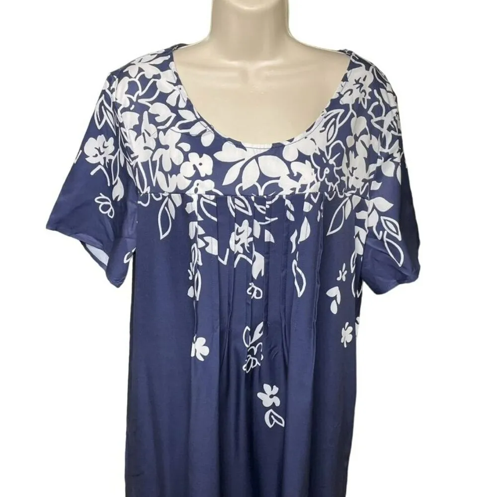 Womens Hawaian Style Shift Dress Noracora Floral u Size XXL 14 Modest Round Nec Blue - Image 2