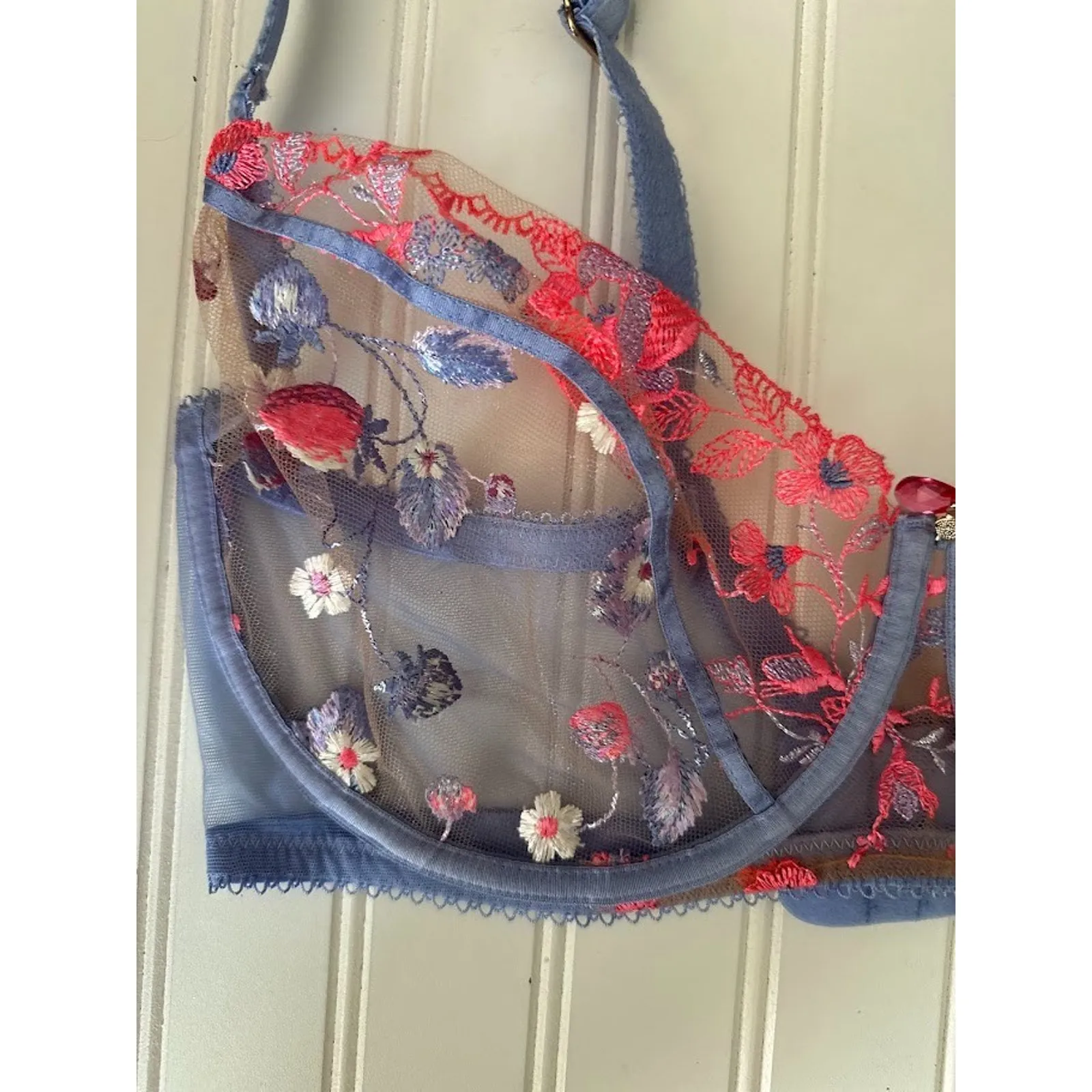 Honey Birdette Isabella Bra 38DDD/F Lingerie Embroidered Floral Sheer Underwire Purple Size undefined - Image 3