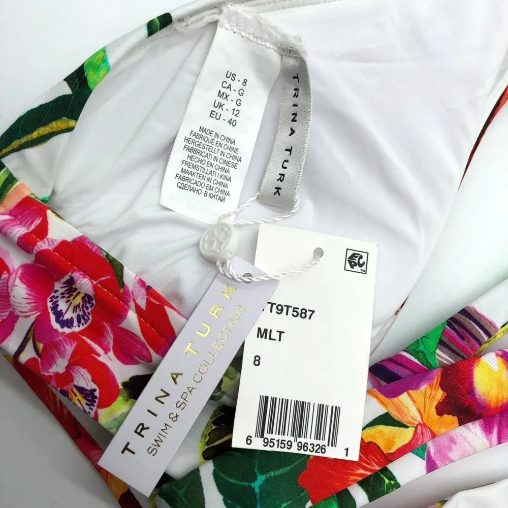 Trina Turk Welcome To Miami Bikini Top Removable Cups Floral White Size 8 - Image 3