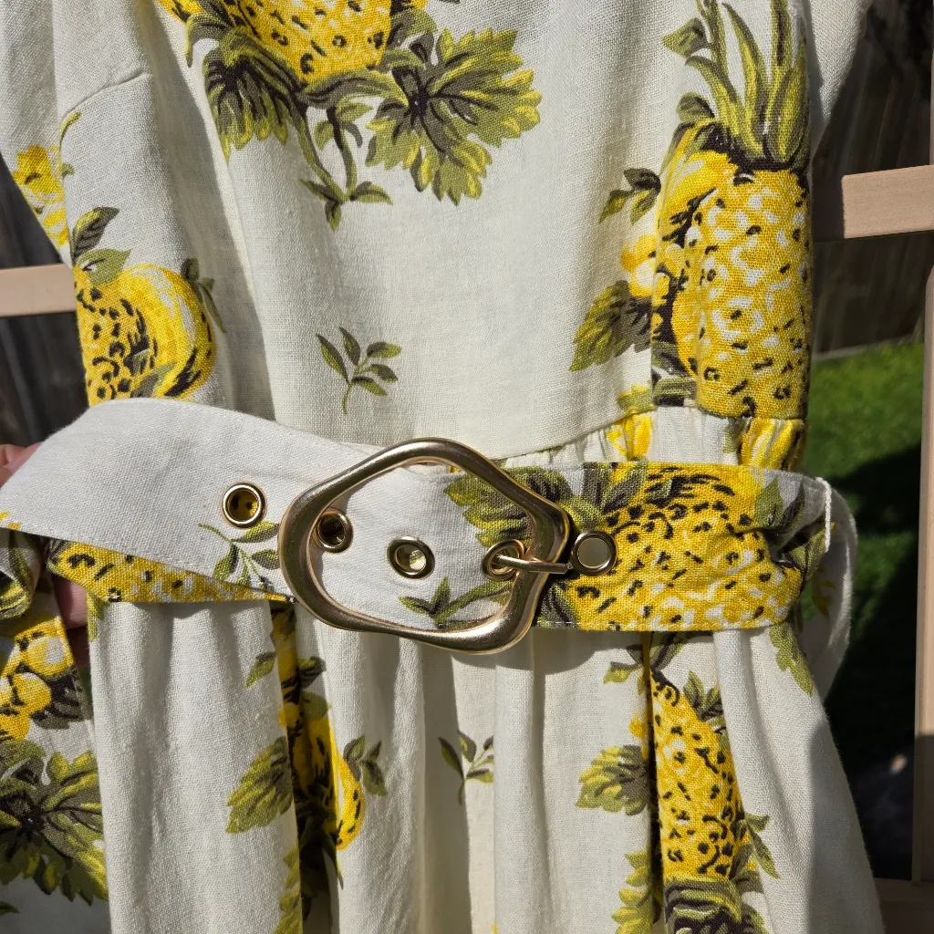 NWT TAHARI Tropical Pineapple Linen Strapless Midi Pocket Dress 6 - Image 5