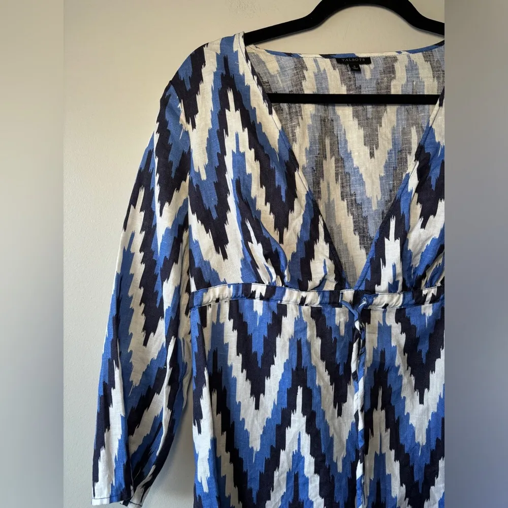 Talbots Women's Linen Caftan Swim Coverup Dress Tie Waist Geometric Size Small‎ - Image 2