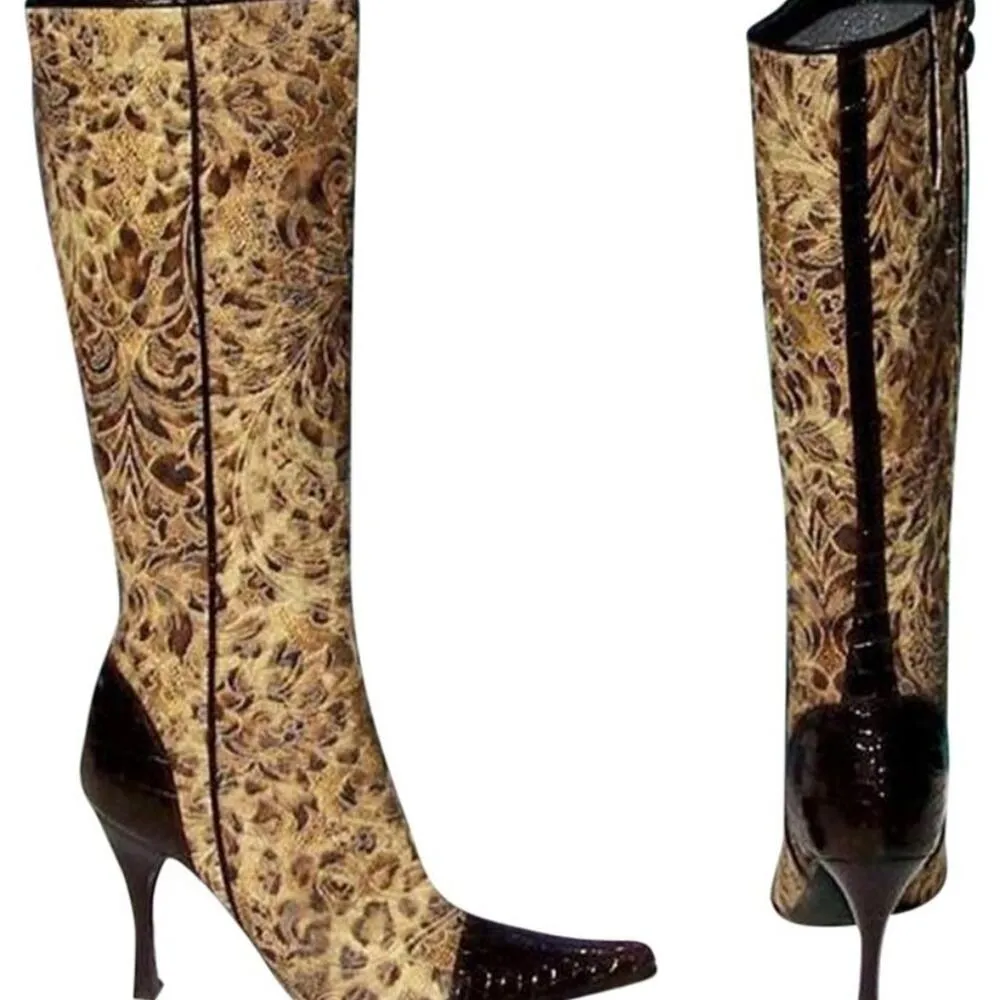 Donald Pliner Bronze Black Brown Gator Leather Leopard Tapestry Boot $495 NWT - Image 4