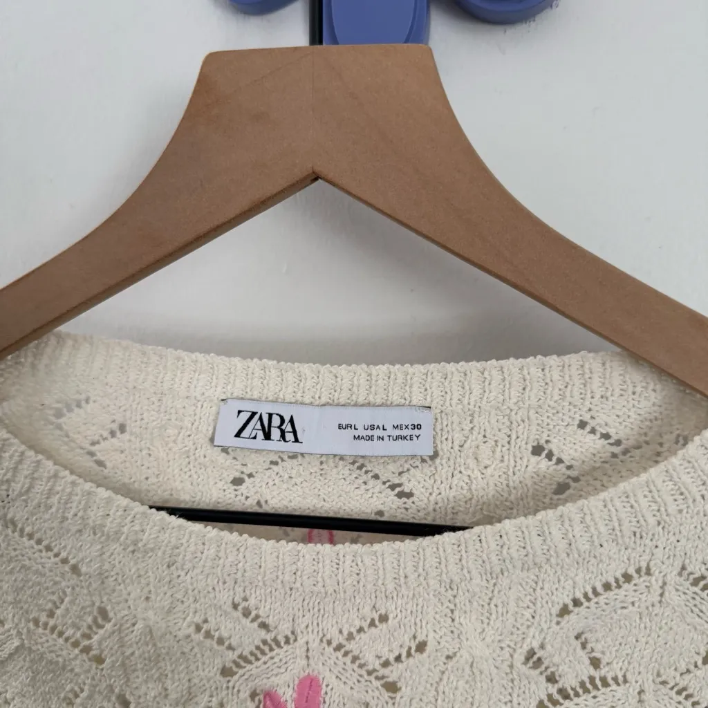 Zara Large Pink Flower Embroidered Crop Knit Sweater Cream Preppy Cottage Girly - Image 2