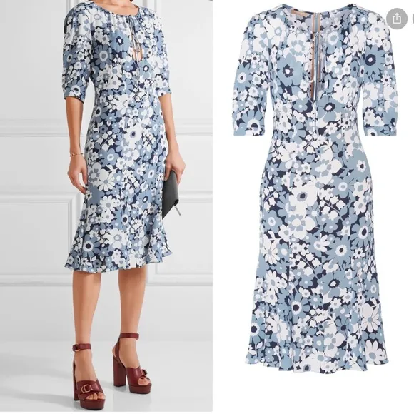 MICHAEL KORS COLLECTION Blue White Midi Floral Silk Georgette Dress sz 2 - Image 2
