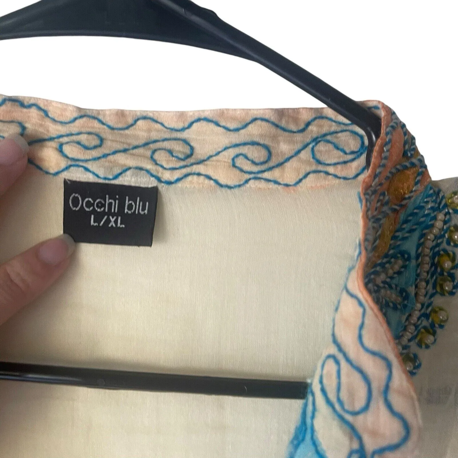 Occhi Blu‎ Women's L/XL Sheer Beaded India Orange Blue Celestial Gypsy Tunic Top - Image 6