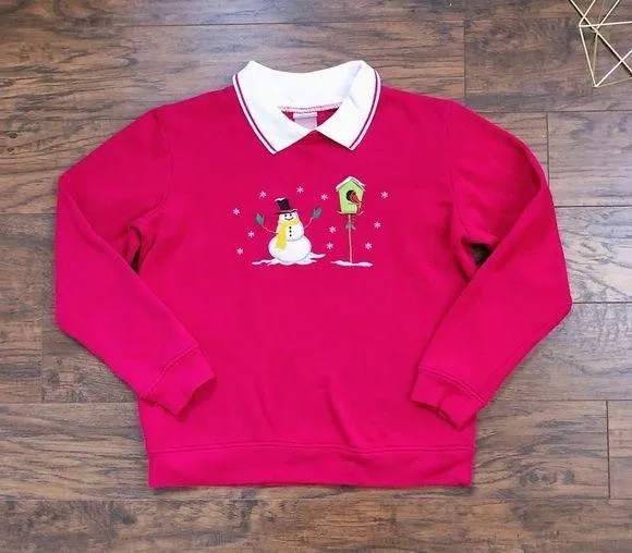 vintage • 80s Christmas sweatshirt pullover snowman collared red ugly sweater - Image 1
