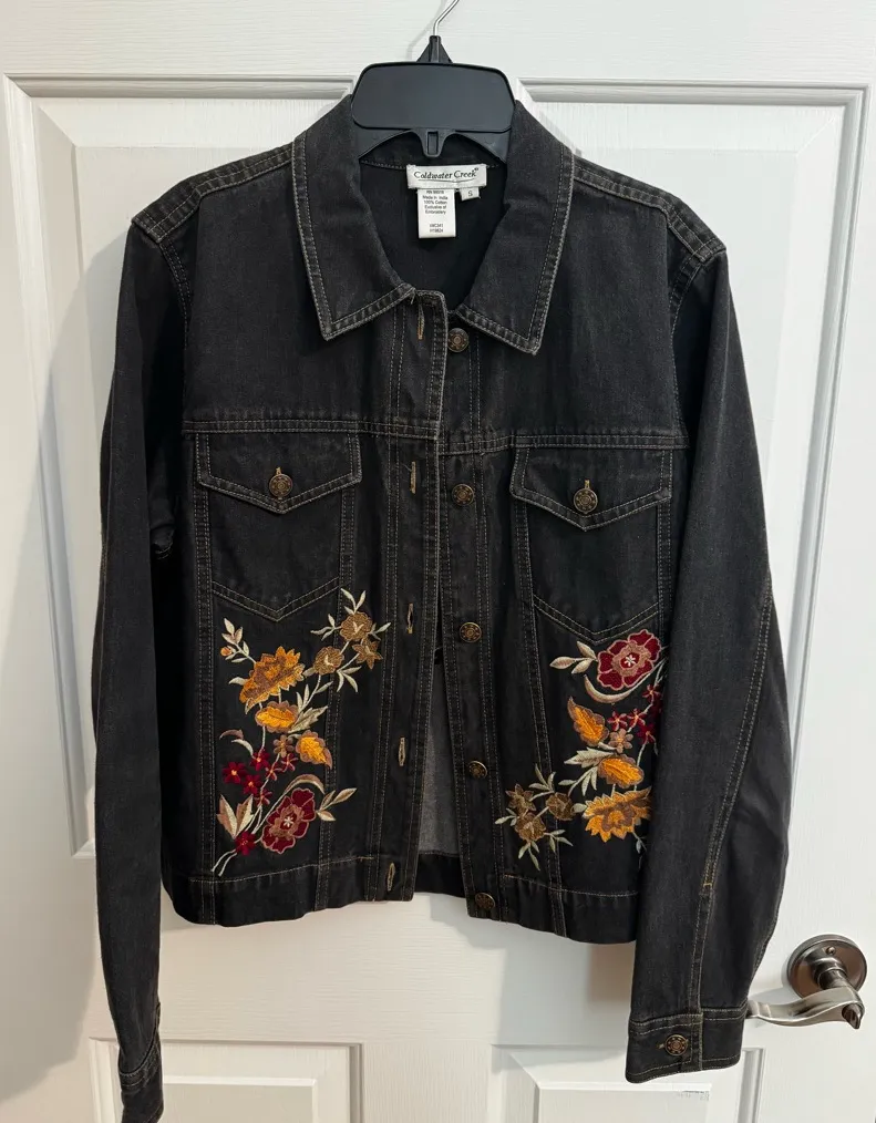 Coldwater Creek Denim Jean Embroidered Jacket Black Gold Green Small - Image 1