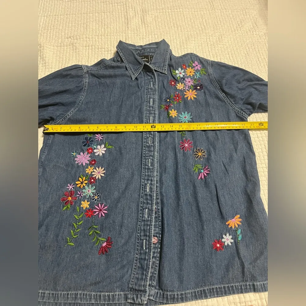 Silver Embroidered Denim Shirt/ jacket/ coat with Floral Design Size L Blue Size L - Image 4