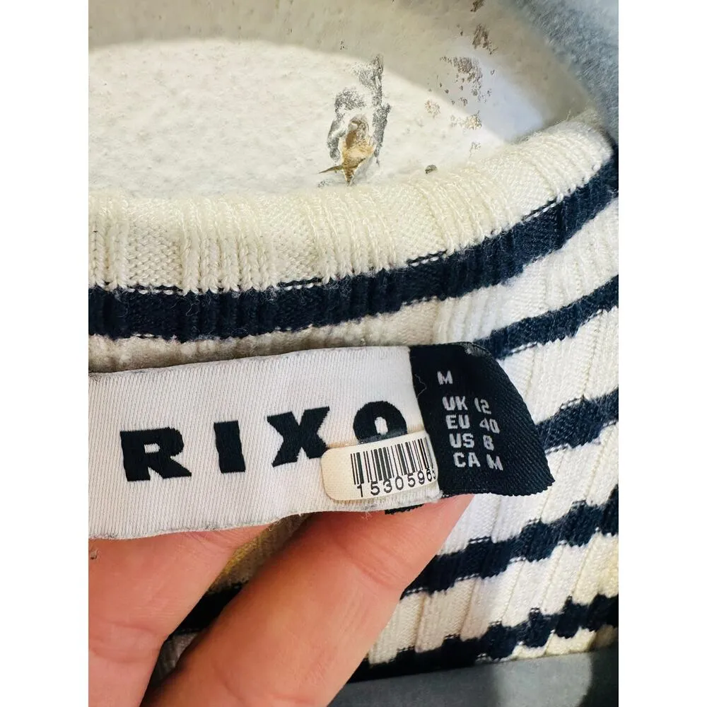 RIXO Blue White Antibes Stripe Ribbed Collared Ties Necklines Maxi Dress Size 8 - Image 10