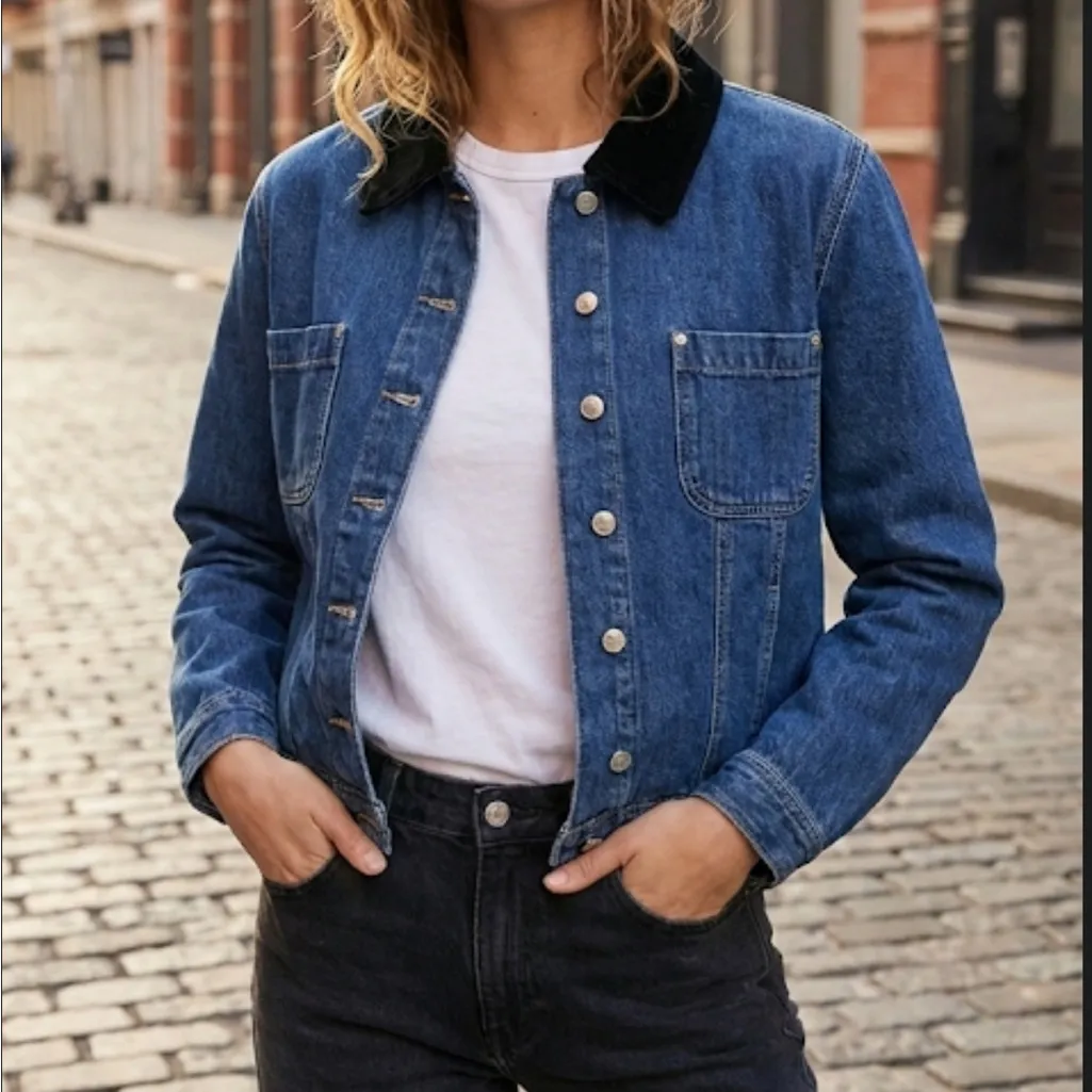 Vintage Classic Blue Denim Jacket Black Collar size L Size L - Image 6