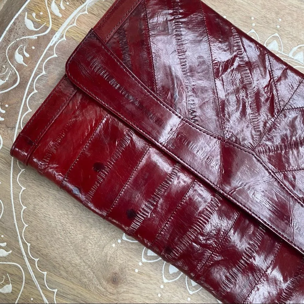 Vintage Deep Red Eel Skin Clutch Red - Image 15
