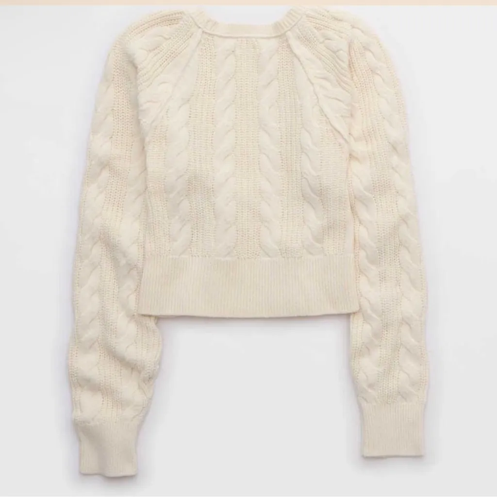 Aerie Chunky Knit Puff Sleeve Cropped Cardigan Sweater Ivory Cream White Trendy - Image 4