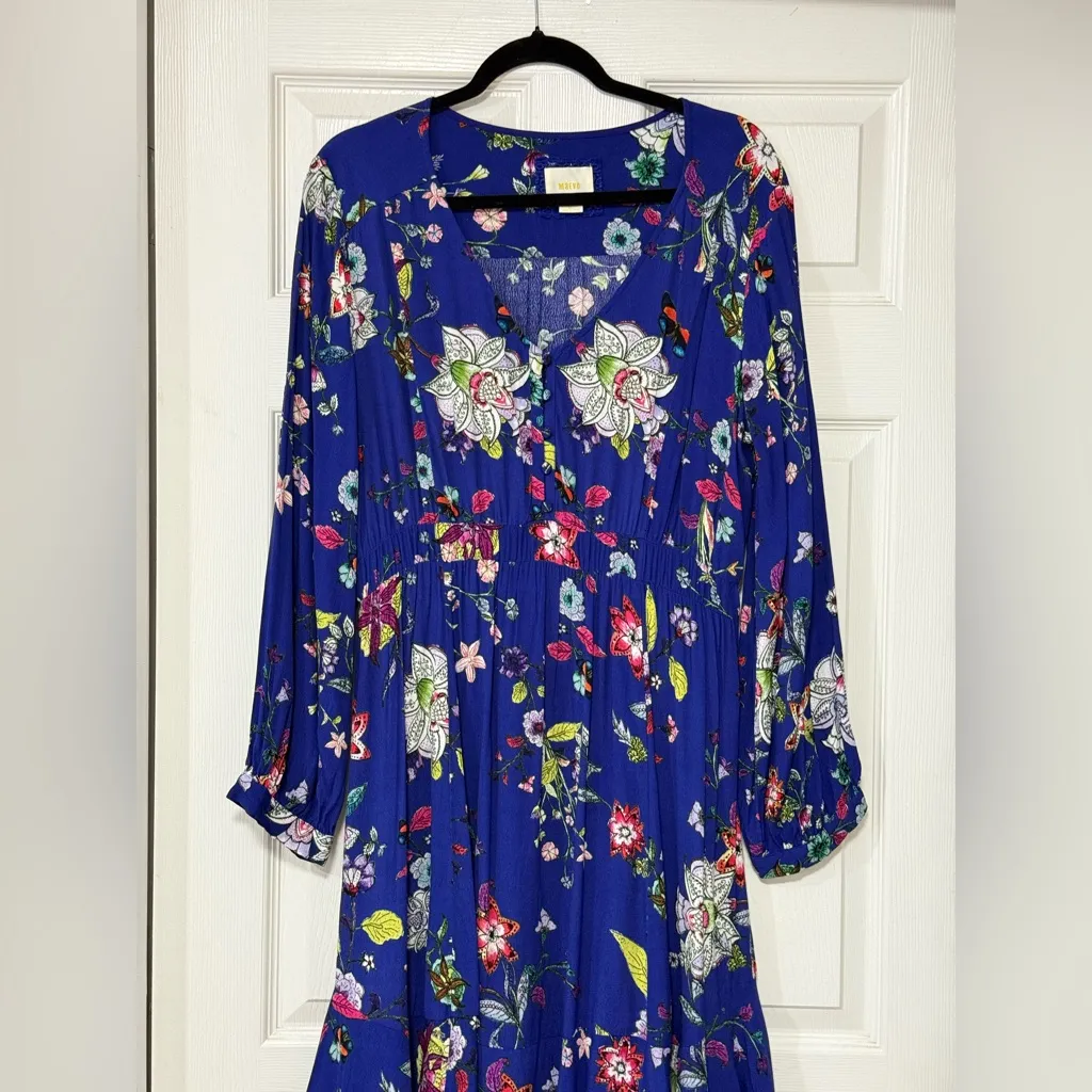 Maeve Anthropologie Maplewood Blue Floral Long Sleeves Button Dress Size XL - Image 5