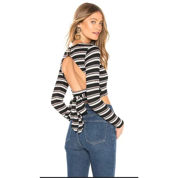 Privacy Please Black Ribbed Striped Open Tie Back Long Sleeve Top Size XXS - Image 2
