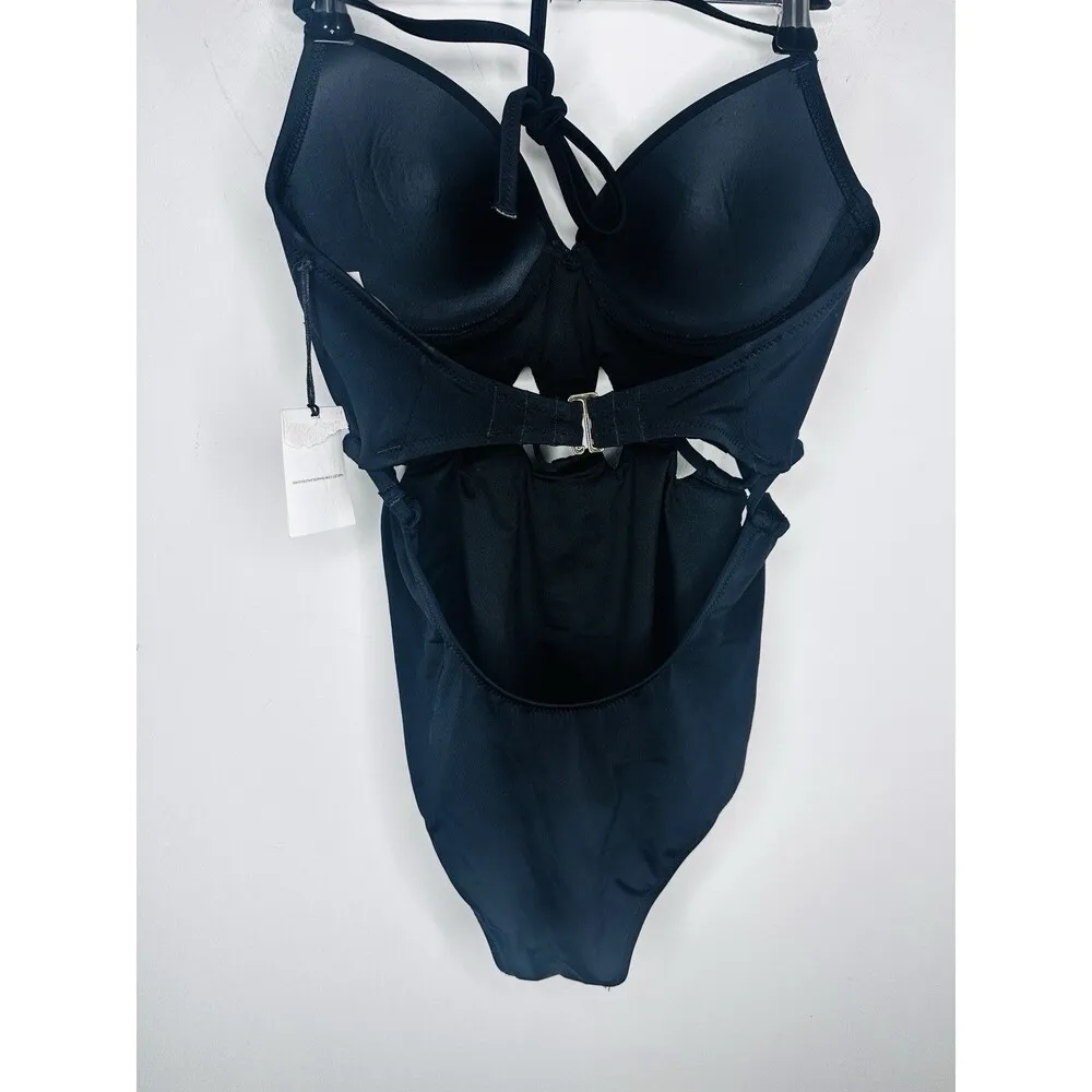 Shade & Shore Black plunge Halter One piece Swimsuit 34C NWT Peekaboo Woven Sexy - Image 8