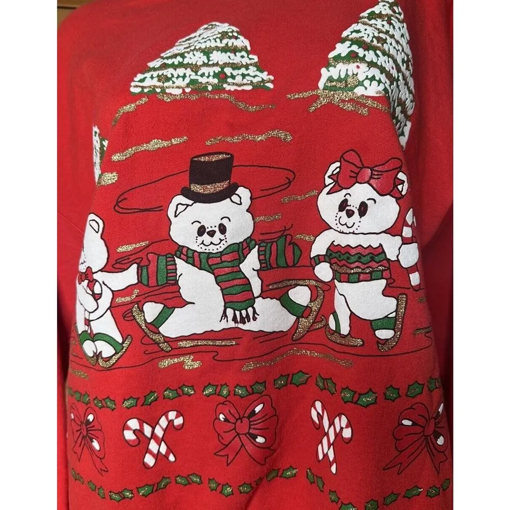 Vtg 90s Hanes Red Teddy Bear Christmas Tree Comfort Blend Sweater Sweatshirt L - Image 5