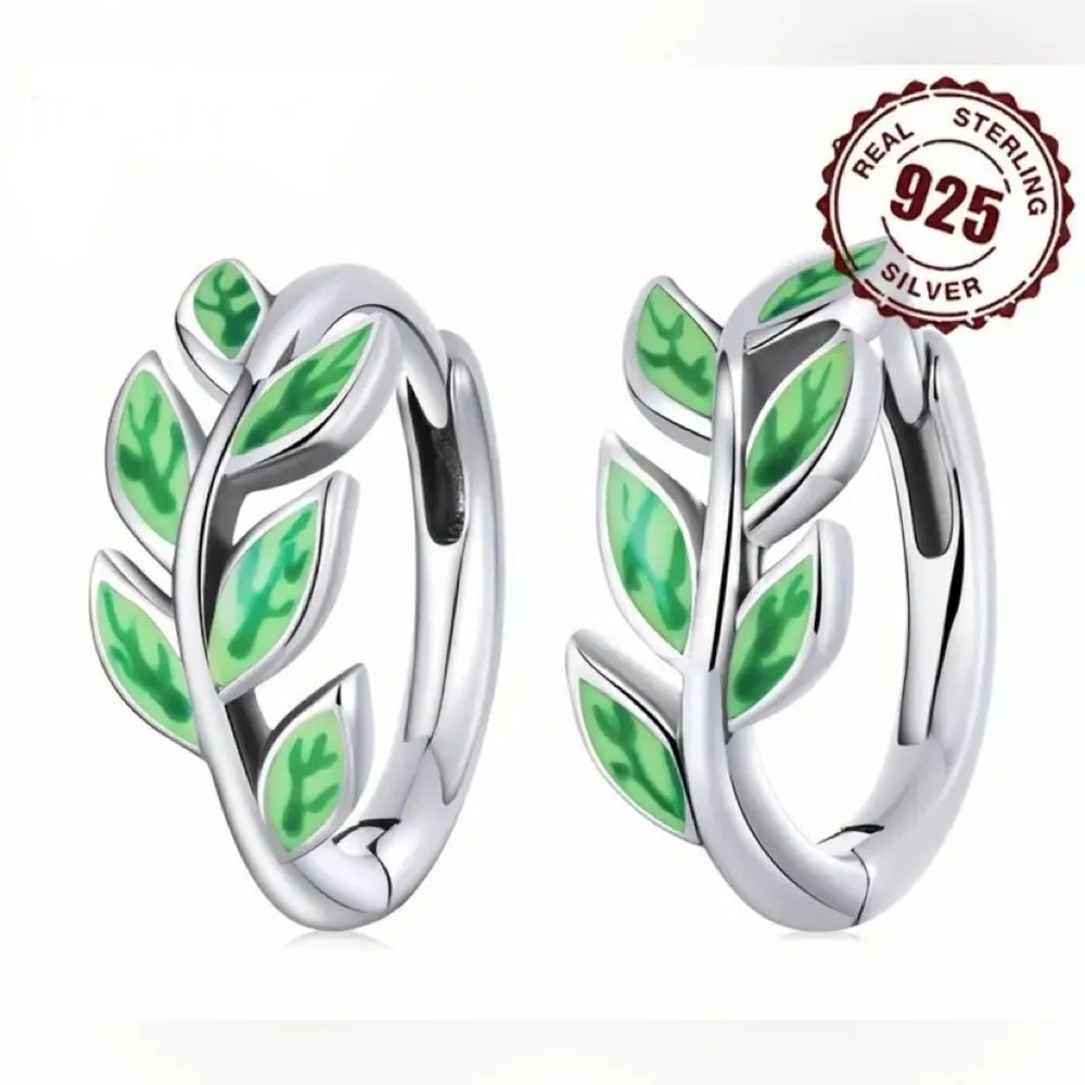 S925 Sterling Silver Green Leaf Design Hoop Earrings - Image 6