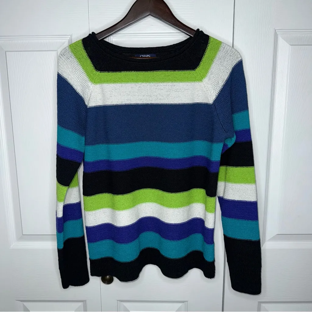 Chaps Women's Striped Sweater Multi Color Blue, Green, White Cotton Blend XL Y2k - Image 5