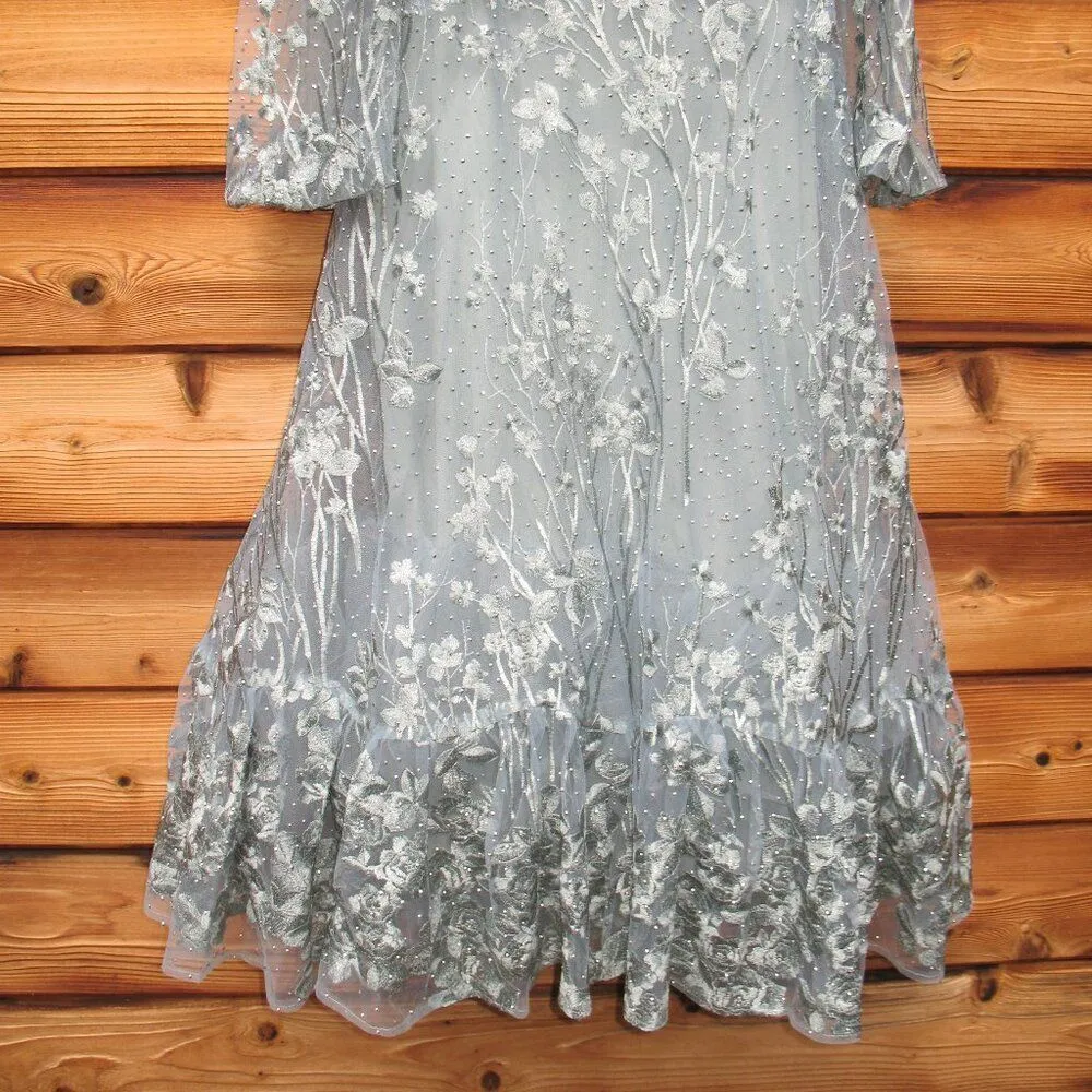 MAC DUGGAL 20512 Green V-Neck Mesh Puff Sleeve  Embellished Tea Length Dress - Image 10