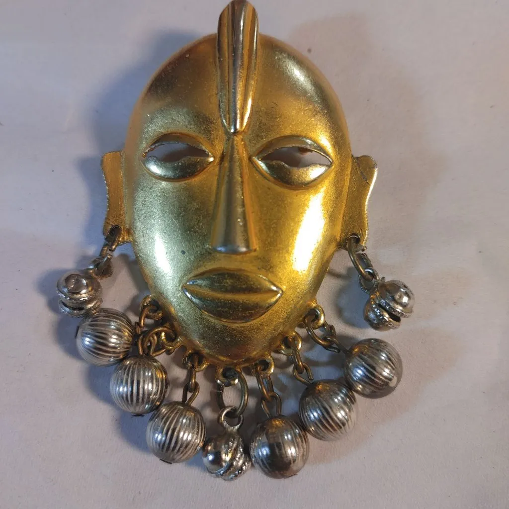 Large Tribal Mask Brooch Pin Mayan Aztec African Vintage Dangling Silver Balls Gold - Image 3