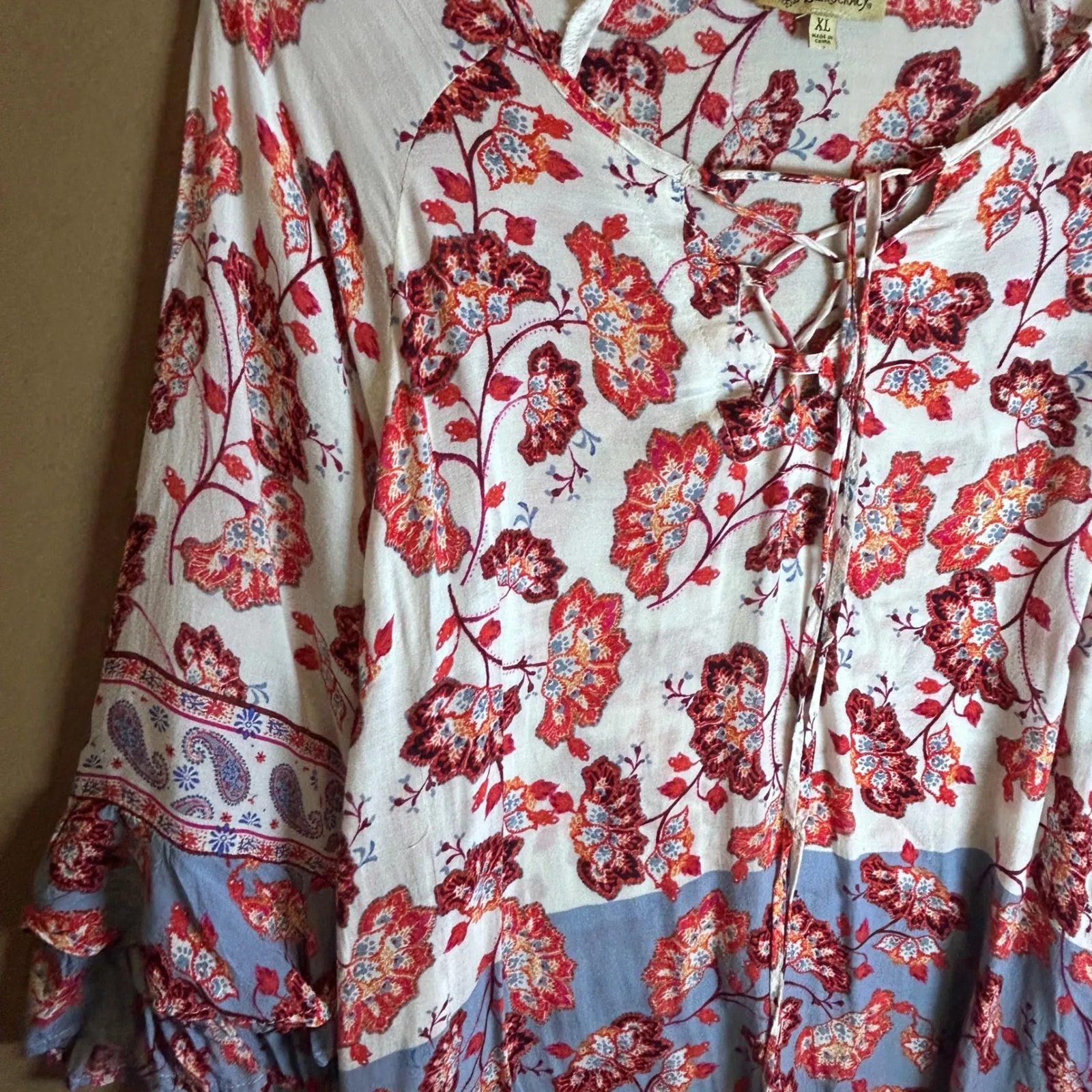 Democracy Floral Print Lace Up Bell Sleeve Tunic Top Women XL White Red Blue - Image 3