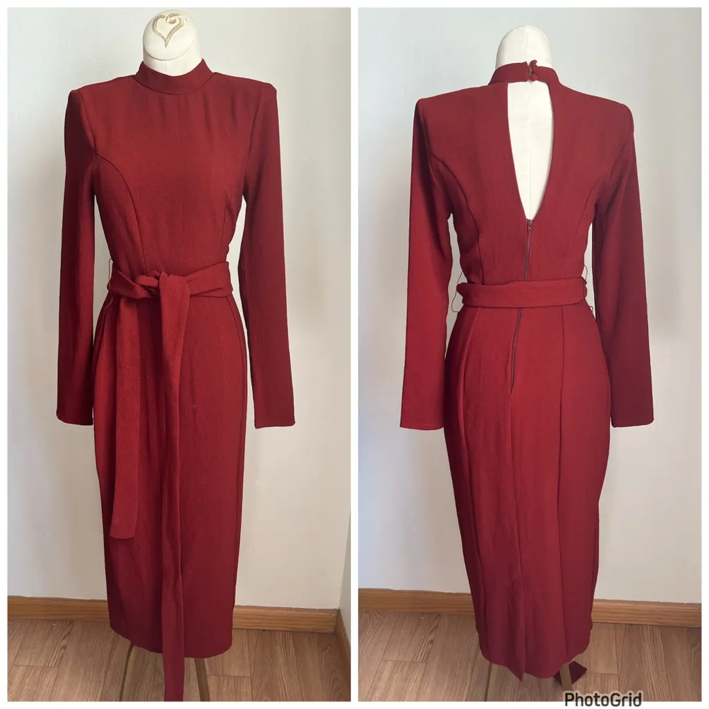 ASOS Burnt Orange Tie Waist Dress US 2 - Image 5