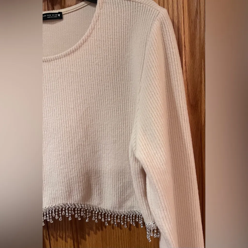 ZARA Long Sleeve Ribbed Crop Top Rhinestone Fringe in Oyster White Size Medium‎ - Image 15
