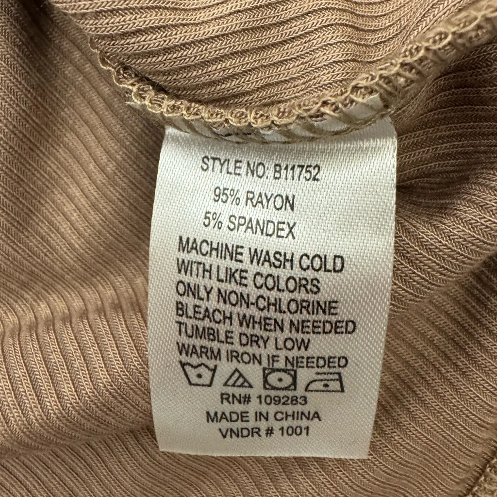 Vintage Havana Rib Cutout Mock Neck Long Sleeve Top Neutral Brown Fitted Stretch - Image 5