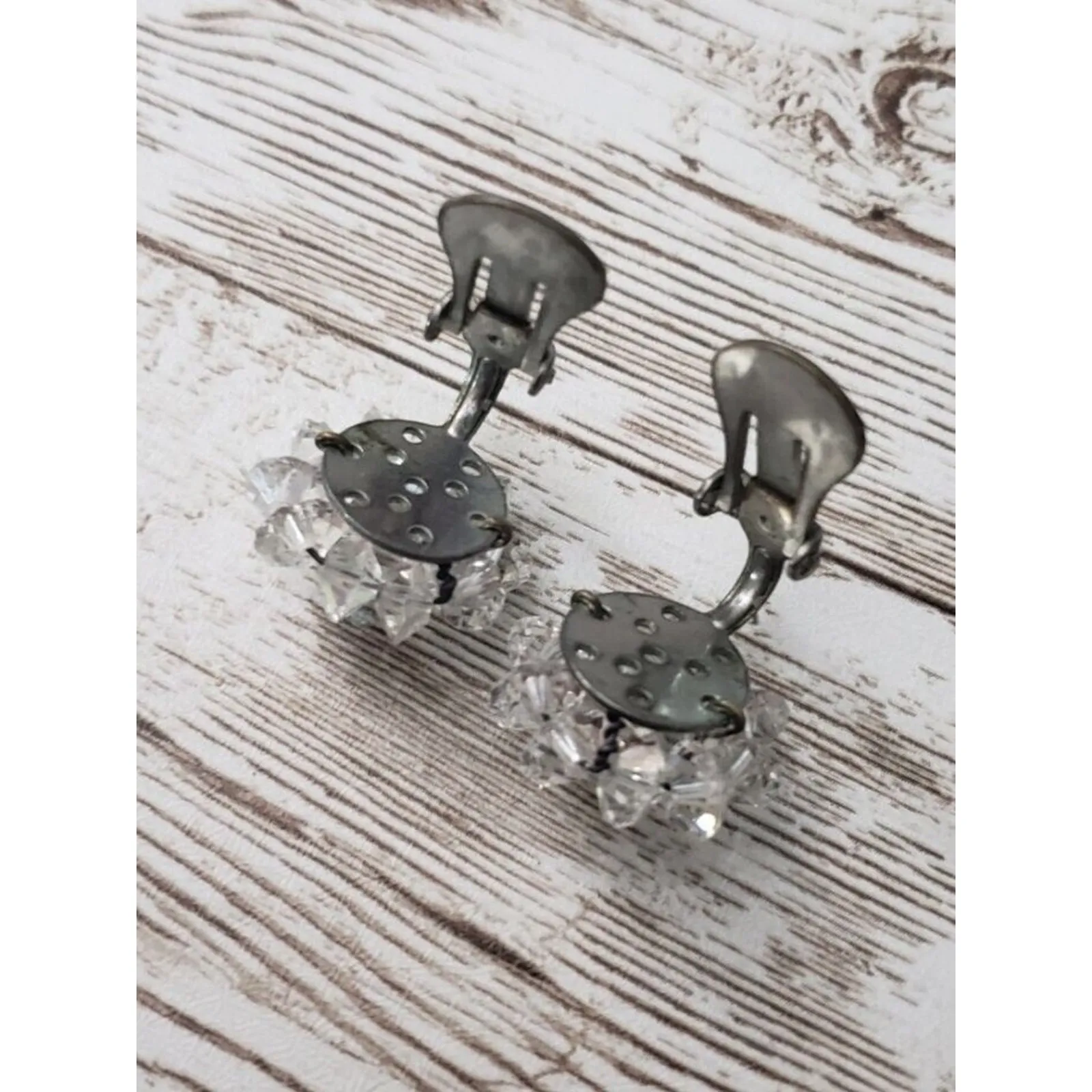 Vintage Clip On Earrings Small Clear Iridescent Bead Cluster 0.75" - Image 4