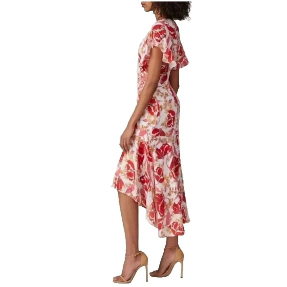Parker Vivi Dress Pink Floral Print Midi Dress Flutter Sleeves 100% Silk size 6 - Image 3