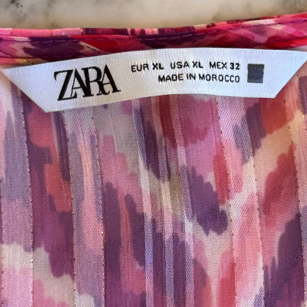EUC Zara Vibrant Printed Metallic Pink Purple Patterned Tiered Mini Dress Sz XL - Image 8