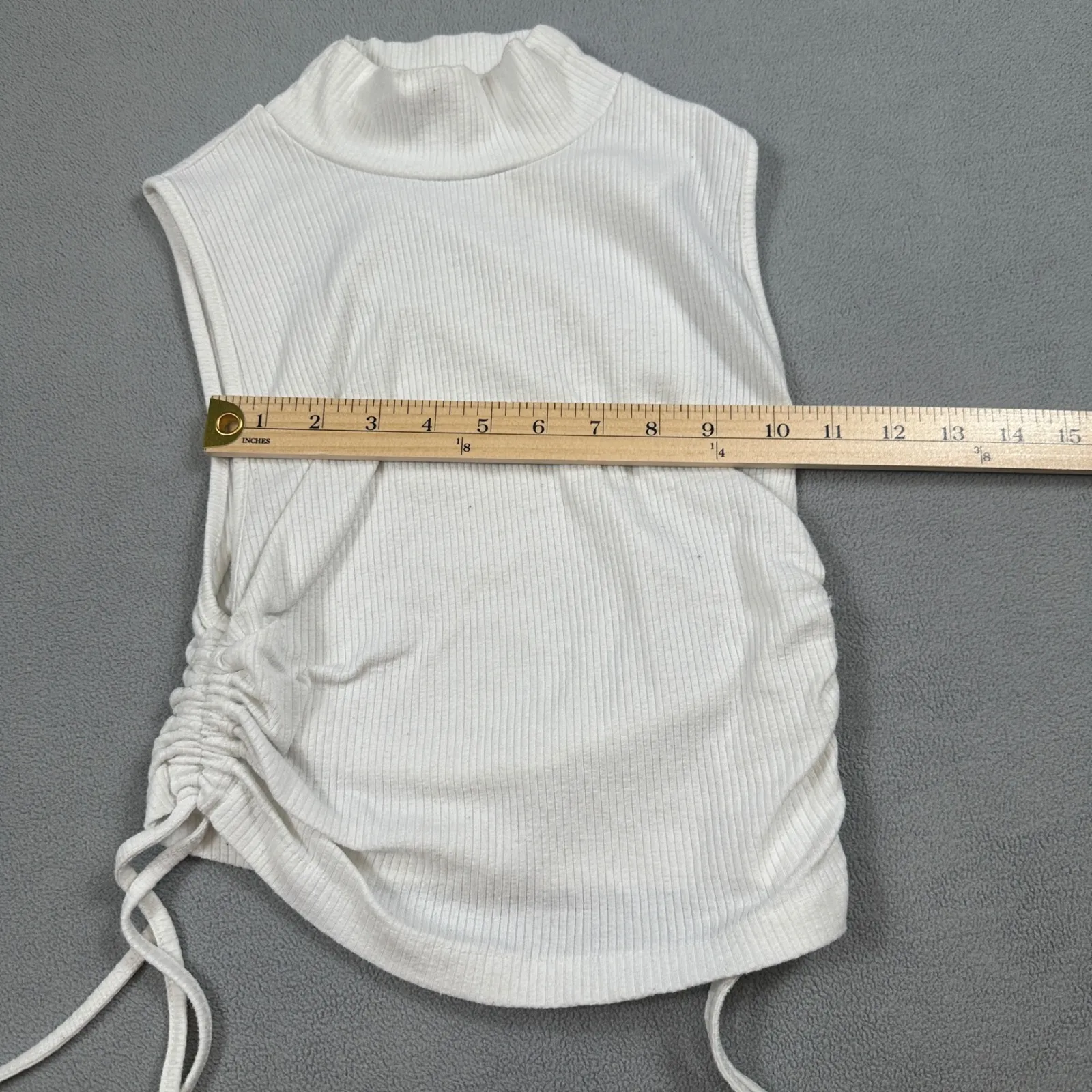 Zara Tank Top Womens S White Ribbed Mock Neck Sleeveless Ruched Drawstring Top - Image 4