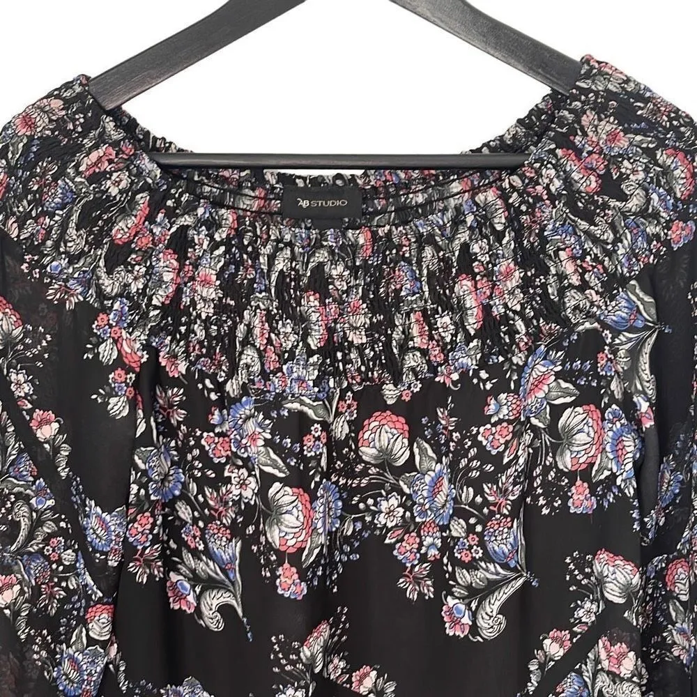 AB Studio Womens Multicolor Floral Blouse Off Shoulder Black Multicolor Small‎ - Image 2