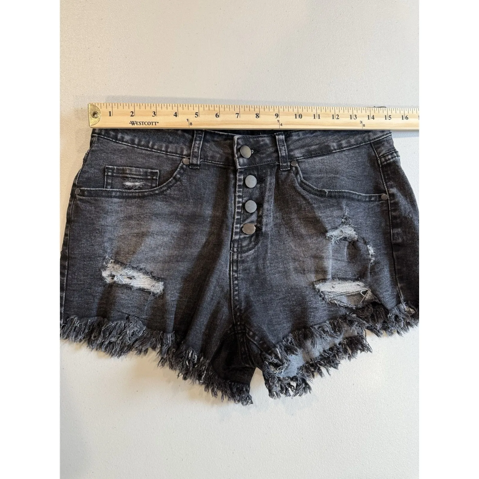 Raw Hem Shorts Women Medium Black Distressed Stretch Travel Grunge Punk Goth - Image 4