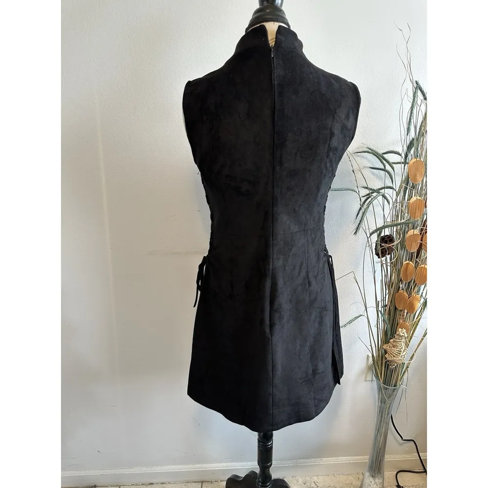 Miss Me Black Laced Up Faux Suede Crew Neck Sleeveless Shift Dress Large Women's - Image 2