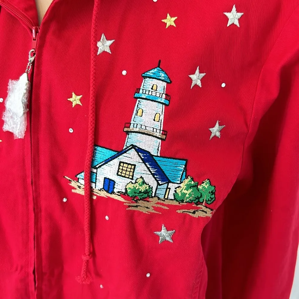 Quacker Factory Red Embroidered Lighthouse Hooded Jacket - Image 4