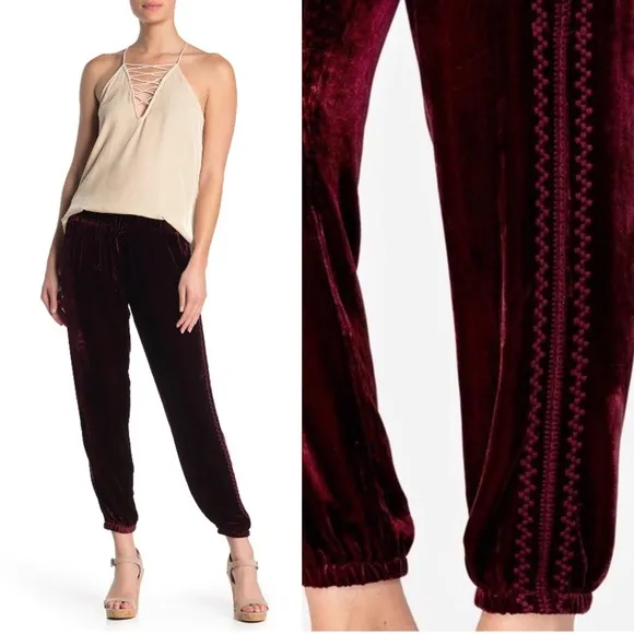 Johnny Was • Aurora velvet joggers Das maroon wine silk cropped pant burgundy - Image 2