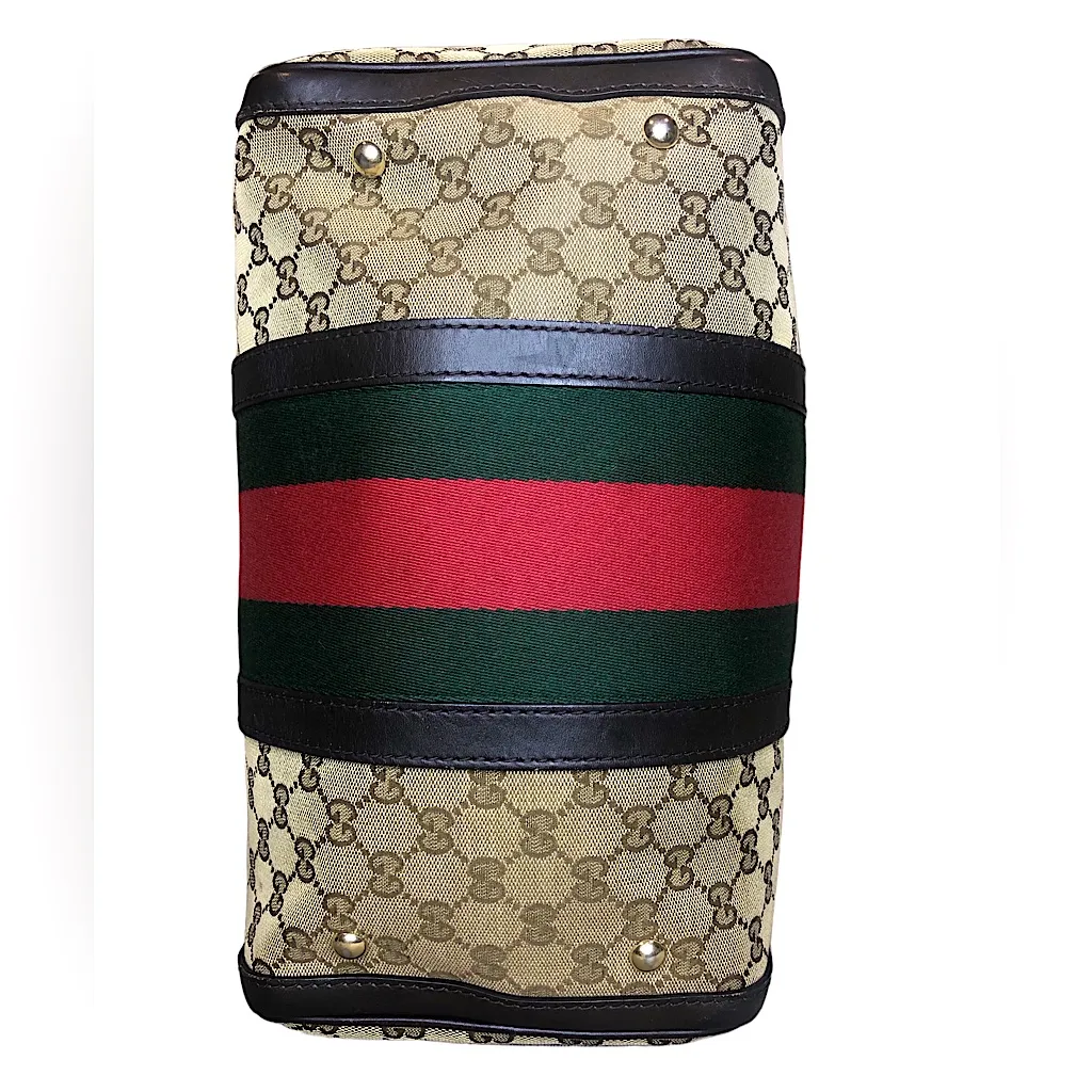 GUCCI GG Beige and Brown Boston Duffel Bag with Red and Green Sherryline Stripes - Image 4