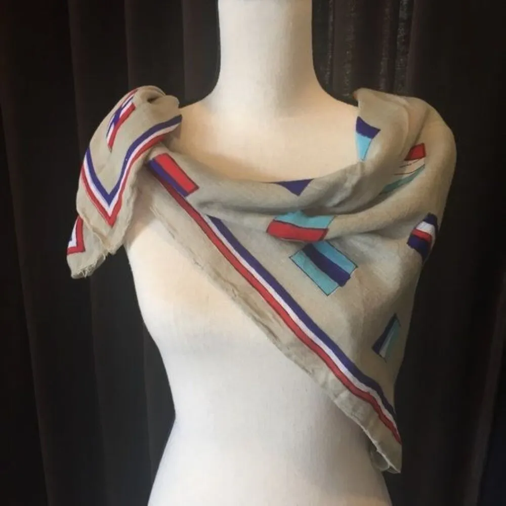 Vintage Nautical Print Beige & Multicolor Linen Scarf Wrap Tan - Image 2