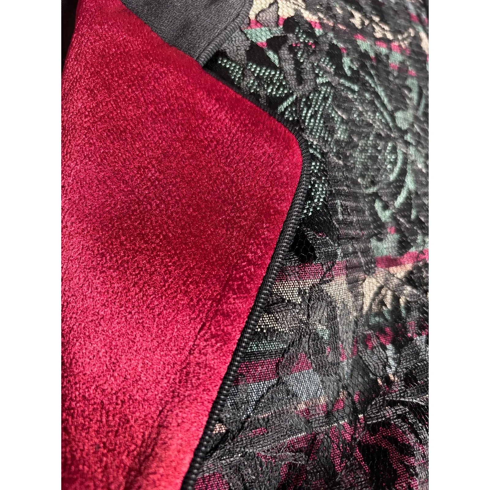 Vintage 80s Oversized Black Wool Blazer Lace Overlay Burgundy Satin Lapel Artsy Size L - Image 8