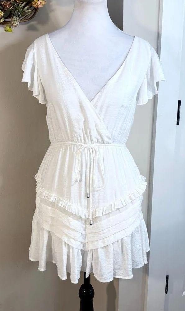 SAINTS & SECRETS Ruffled Tie Back Waist Cinch Plunging Mini Dress ~White Sz M White Size M - Image 1