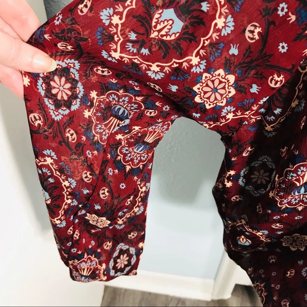 Chloe K Boho Paisley Floral Maroon Red V Neck Long Sleeve Peasant Blouse Size XL - Image 6