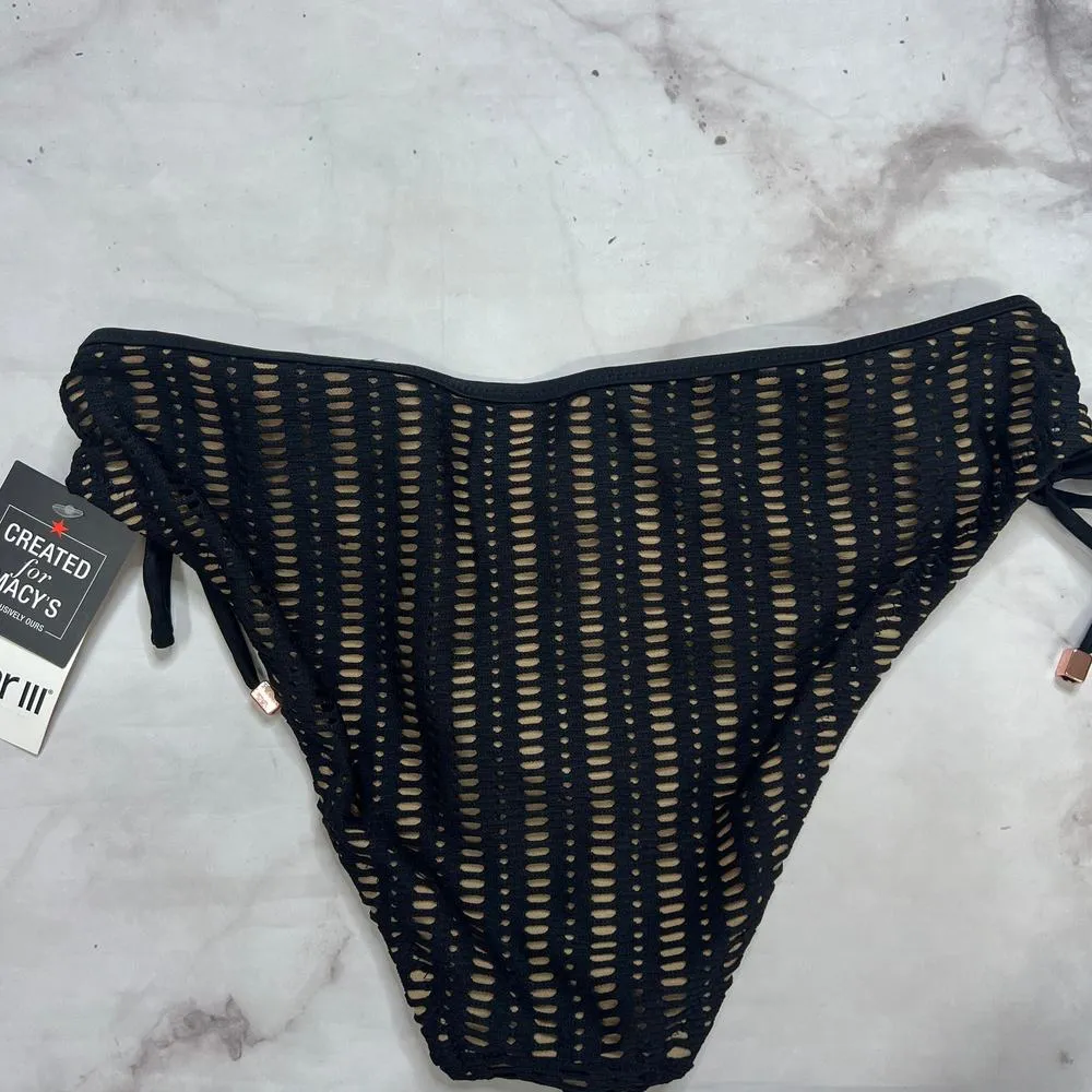 Bar III Crochet Overlay Side Tie Bikini Bottoms Size XS Black Beige Lined New - Image 4