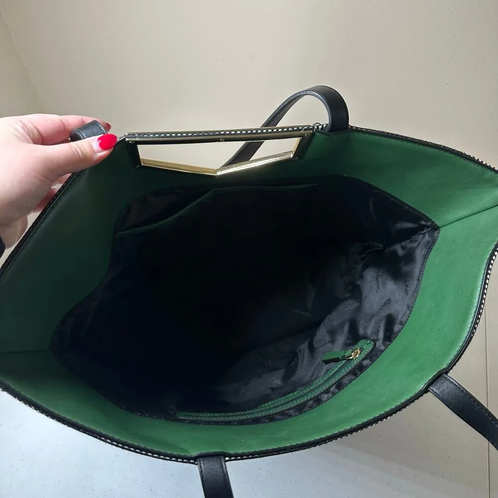 Calvin Klein Ashlynn Raffia Extra-Large Cut Out Hardware Tote Black White Green - Image 5