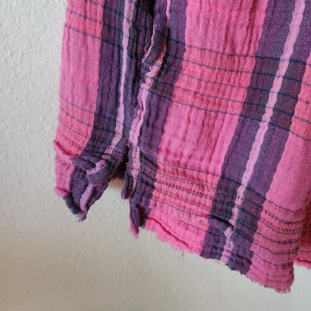 We The Free People Moon City Blouse Tunic Pink Purple Plaid Short Sleeve XS - Image 7
