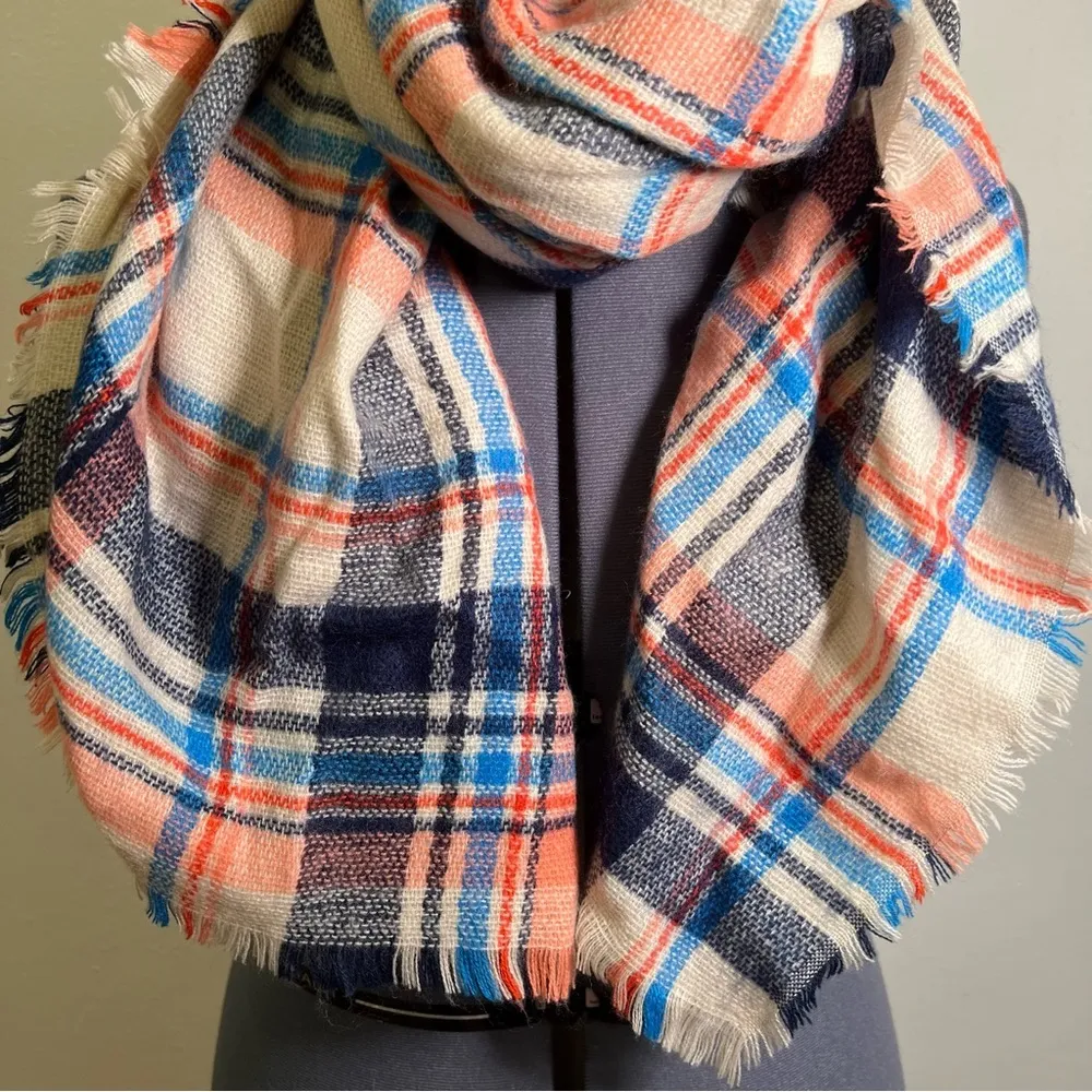 Oversized Blanket Scarf Cream Red Blue Plaid - Image 3