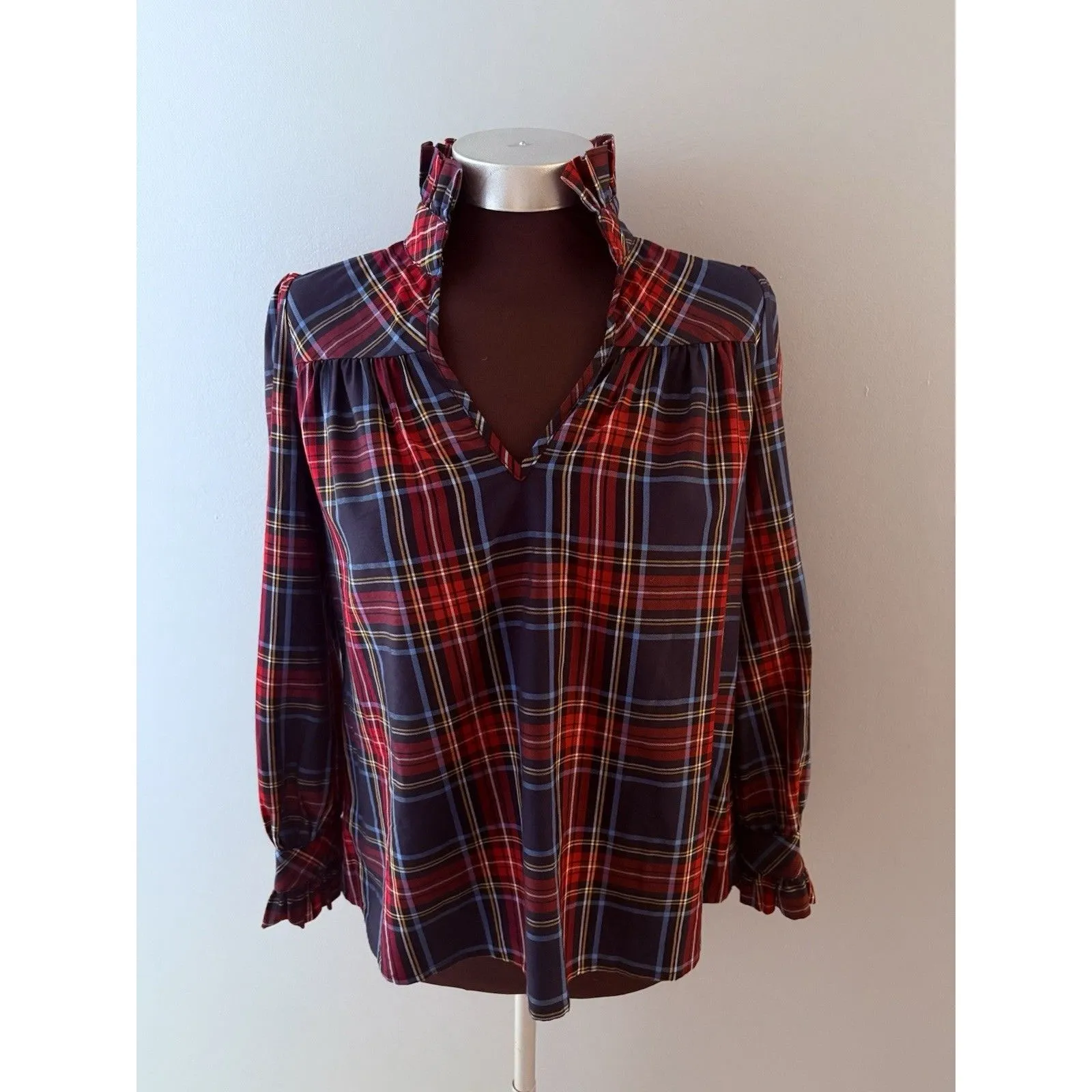 CK Bradley Ruffle Blouse Tartan Plaid Size XS Red Blue Preppy Holiday Oversize - Image 2