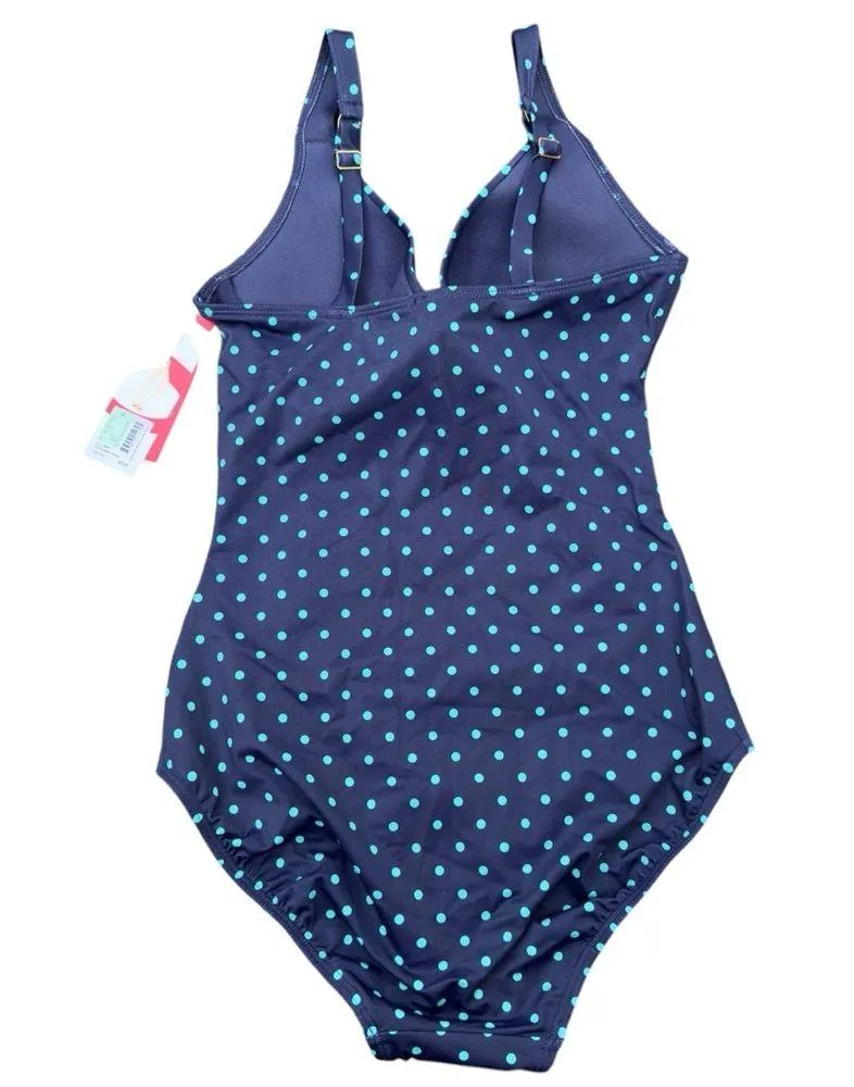 Spanx Women Navy/Turquoise Polka Dot Ruched One Piece UPF 50+ Swimsuit Size 8 - Image 2